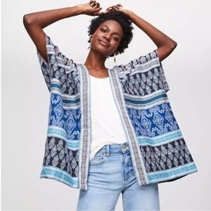 LOFT soft knit tapestry kimono wrap in blue hues